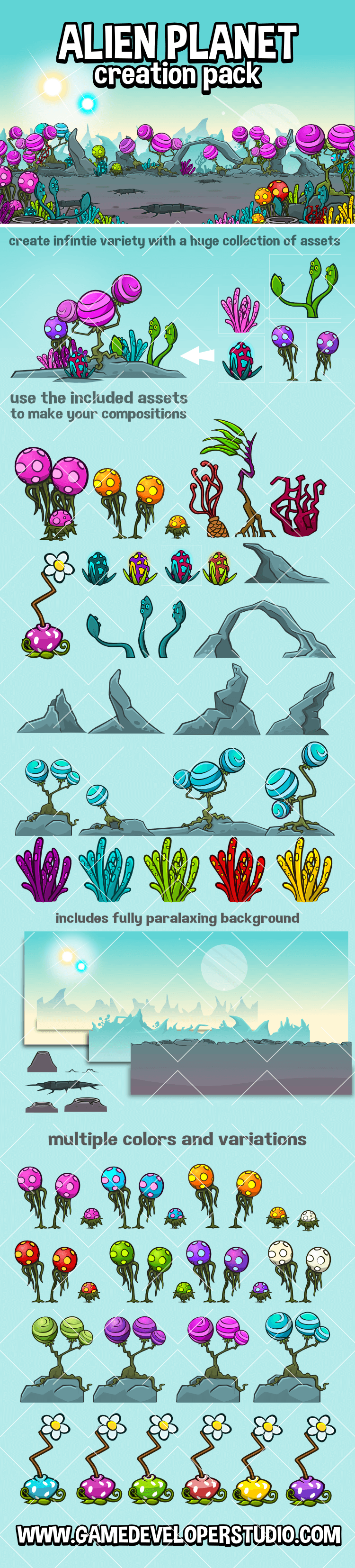 Alien planet scene creation pack for 2d game development