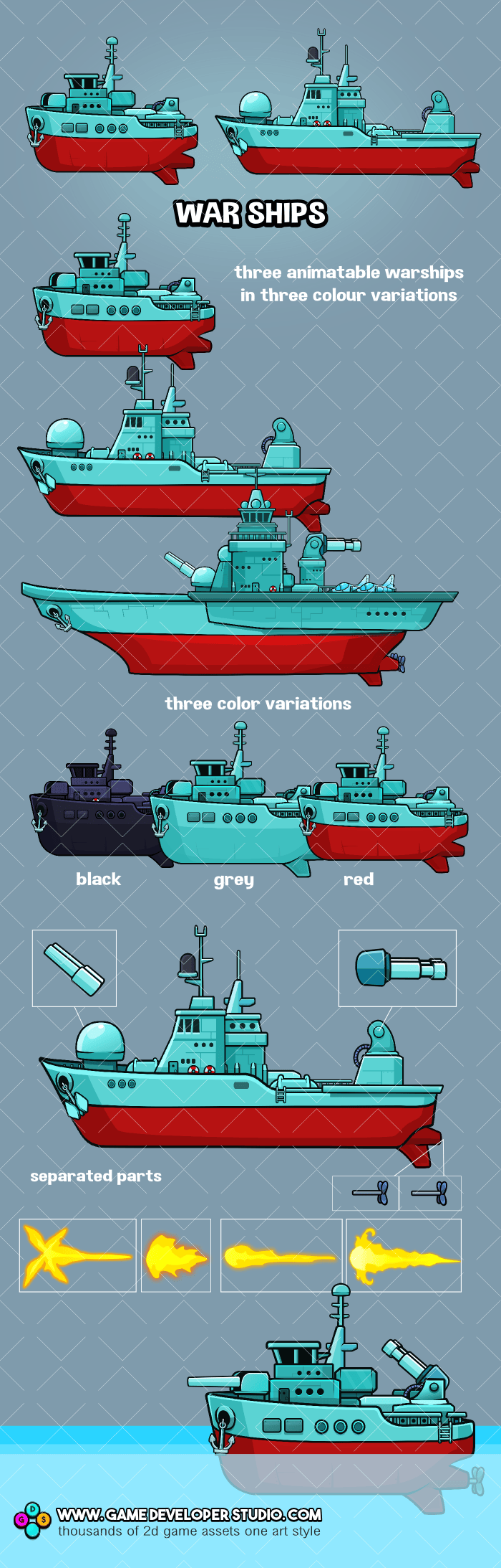 Animatable warships game sprites