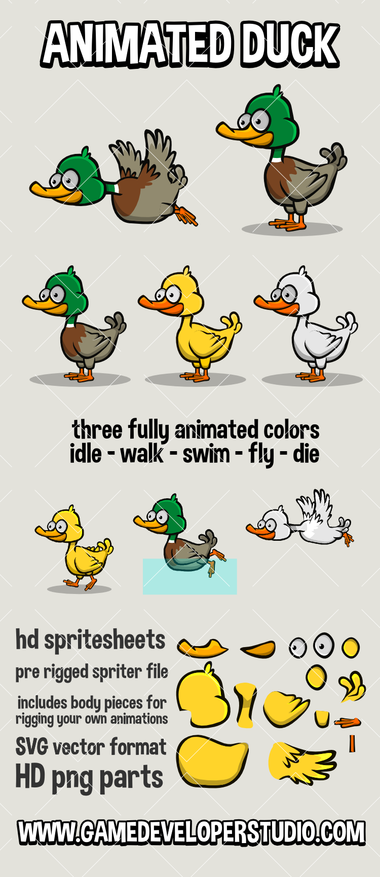 Animated 2d cartoon duck game asset