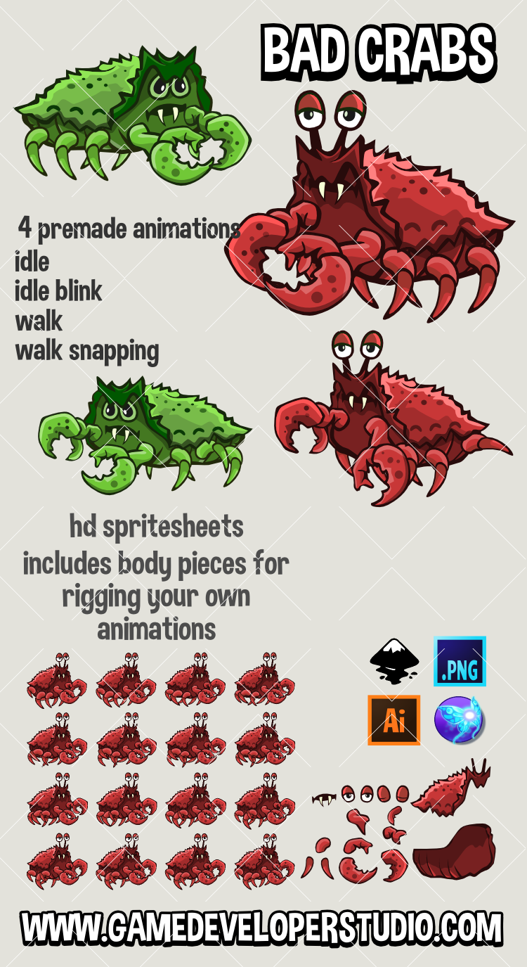 Animated crab sprite for 2d games