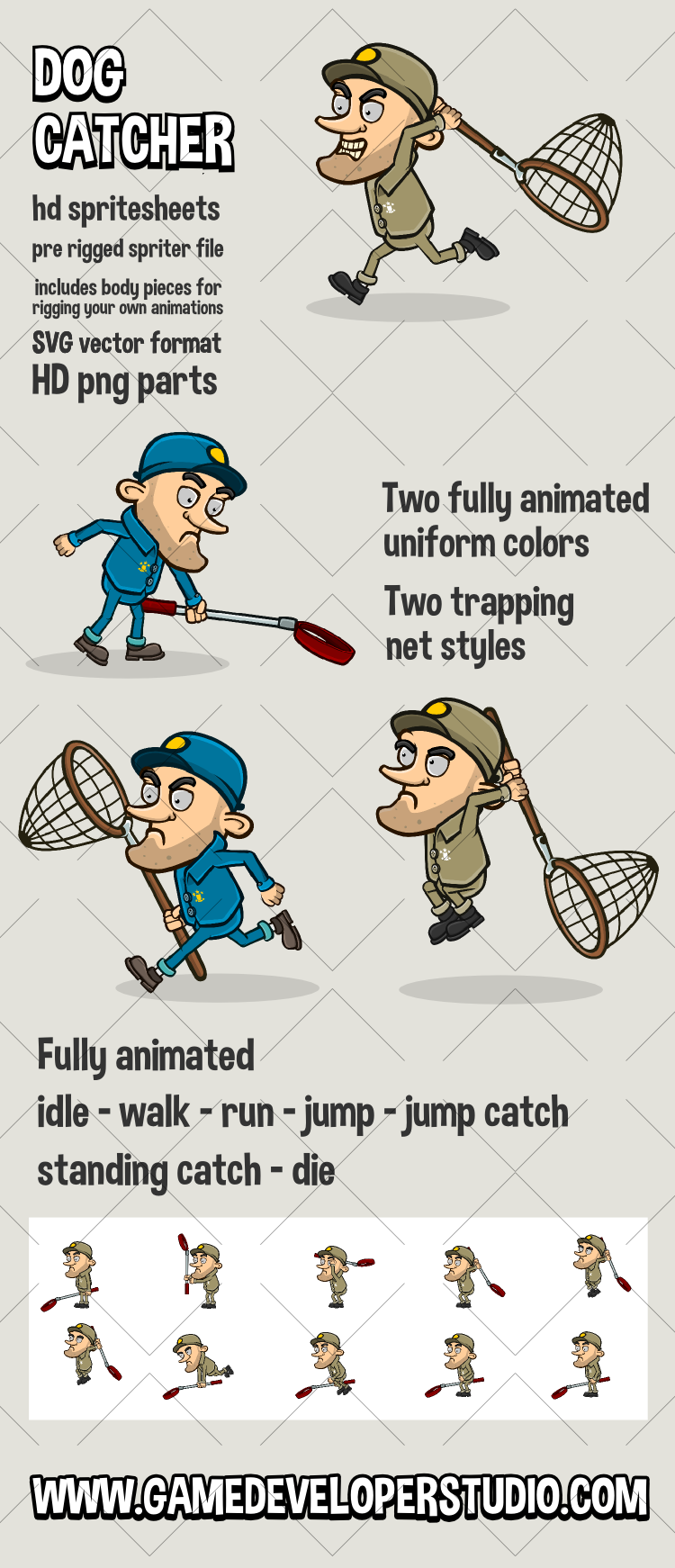 Animated dog catcher 2D game asset