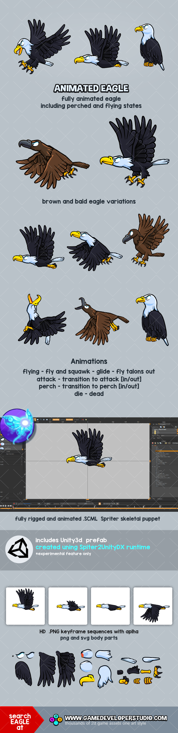 Animated eagle cartoon game sprite