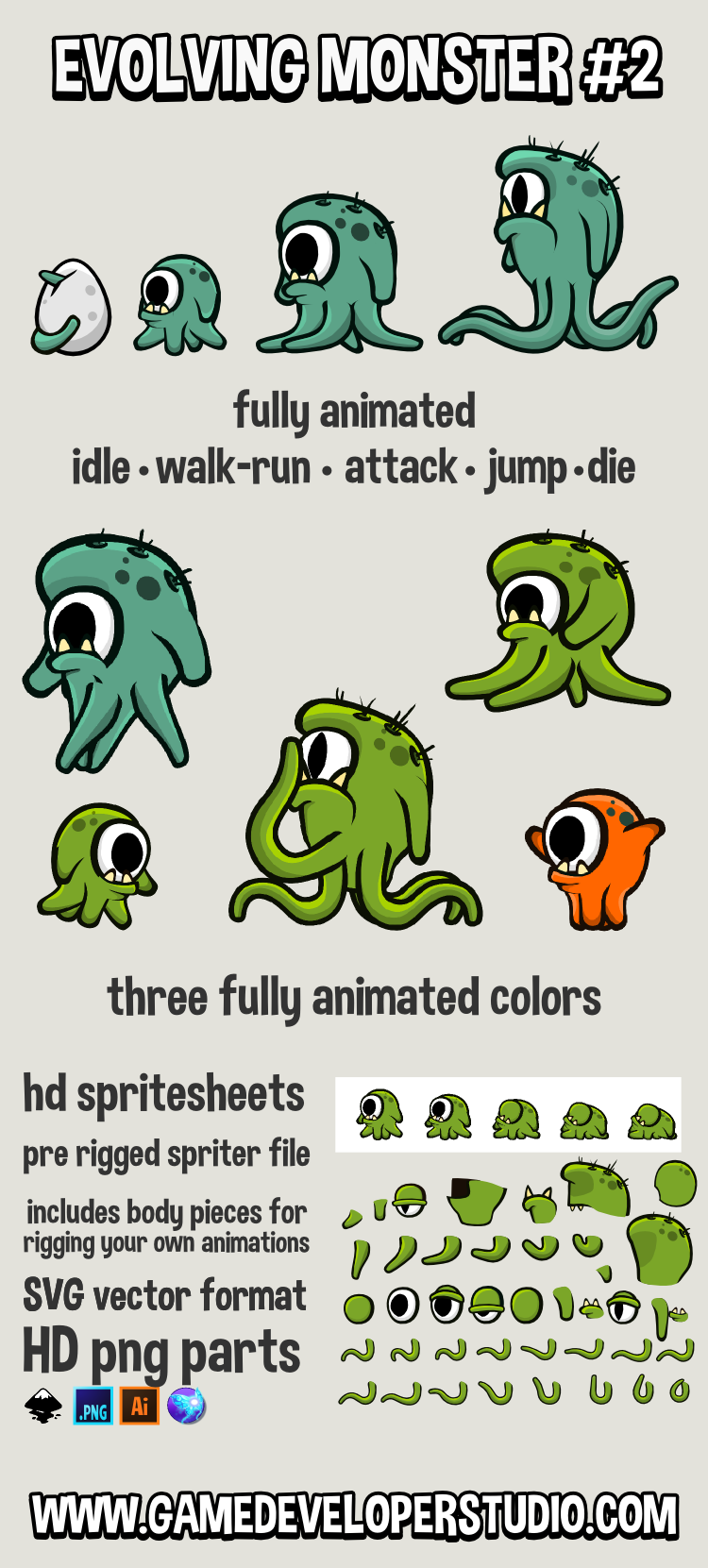 Animated evolving monster game asset