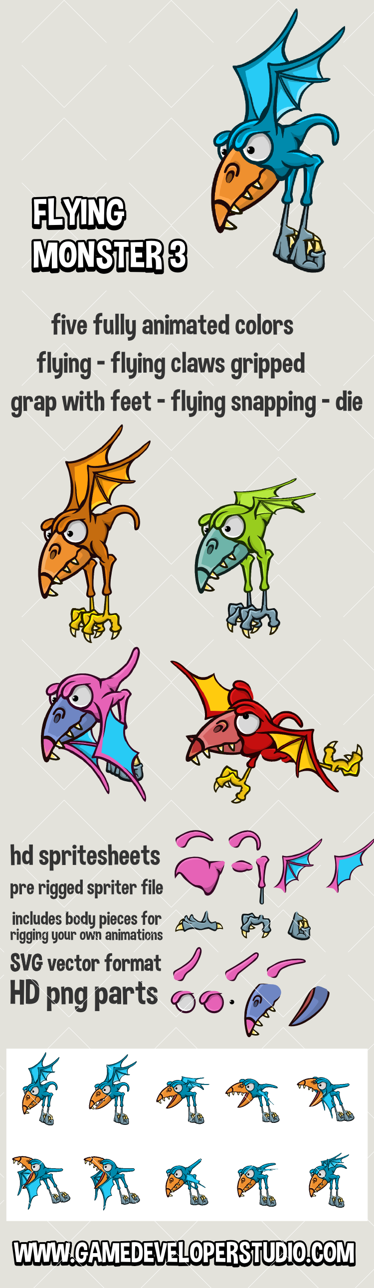 Animated flying monster 3 game asset