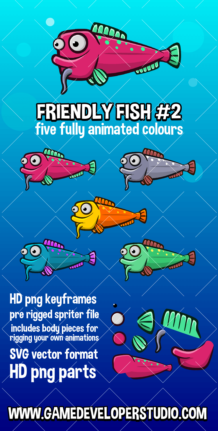 Animated friendly fish 2 2d game character