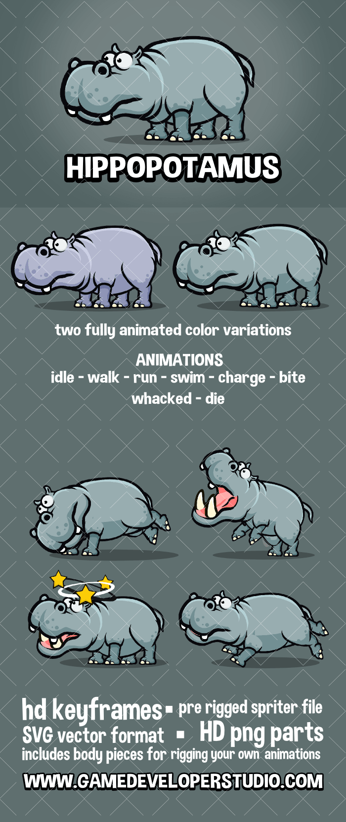 Animated hippopotamus cartoon game sprite