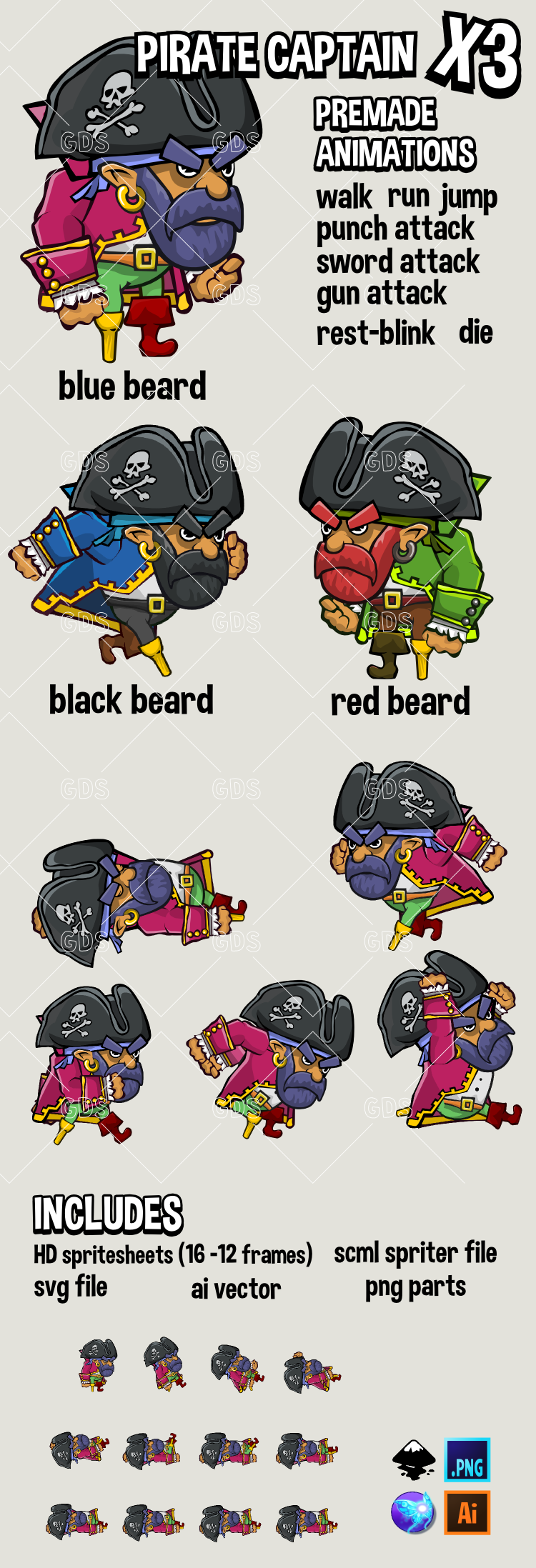 Animated pirate captain three versions