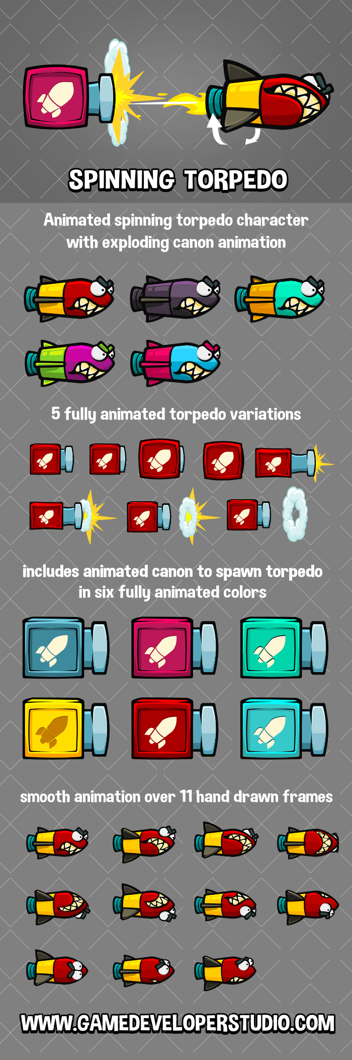 Animated rotating torpedo game asset