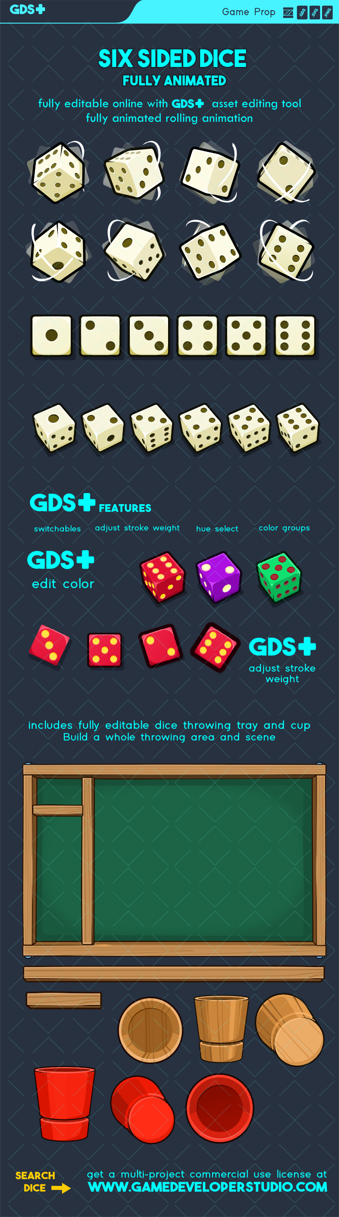 Animated six sided dice