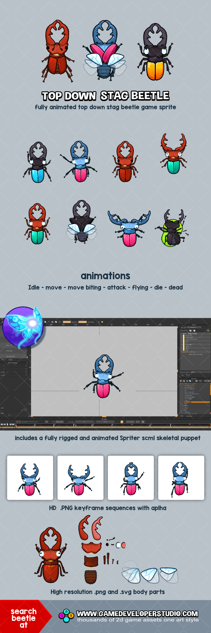 Animated stag beetle game sprites