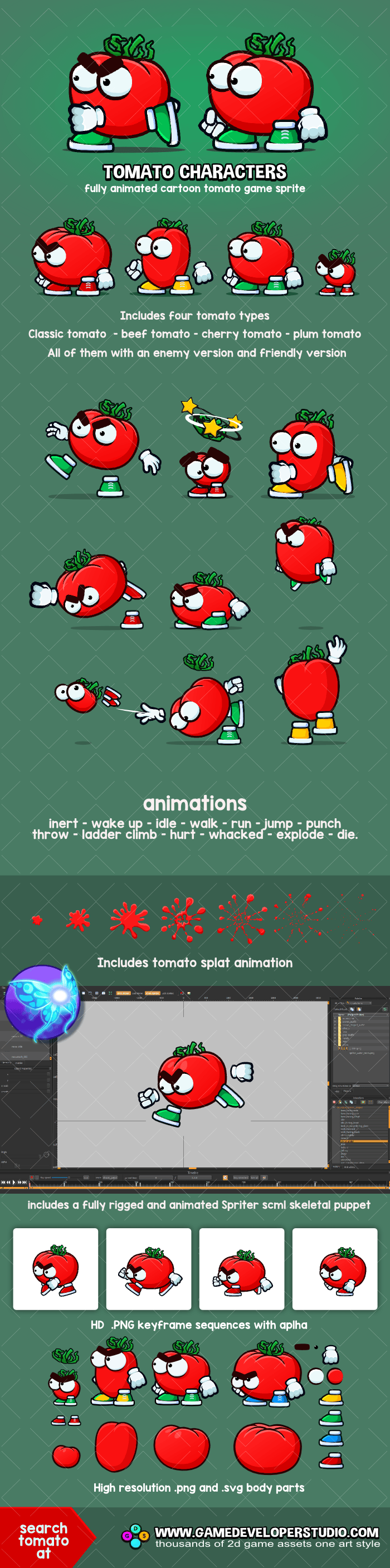 Animated tomato  cartoon character game sprite pack