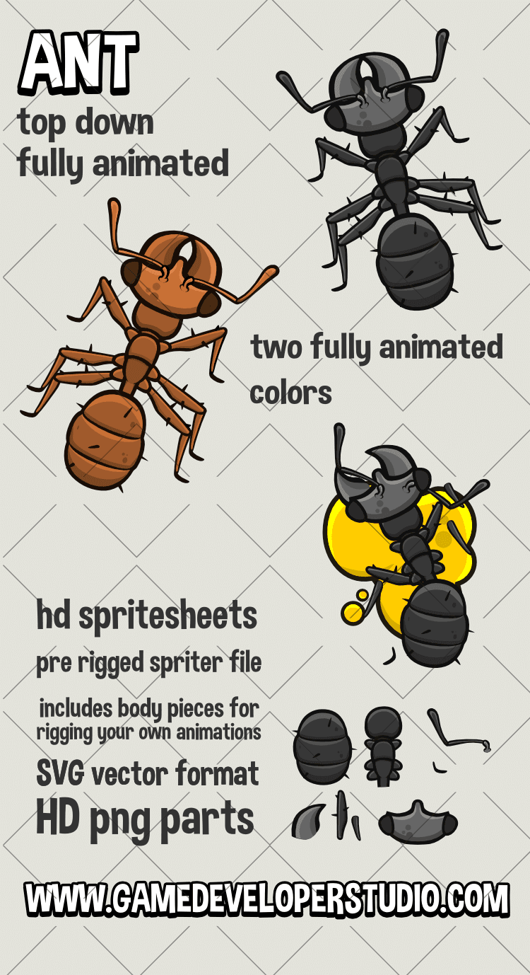 Animated top down ant game asset