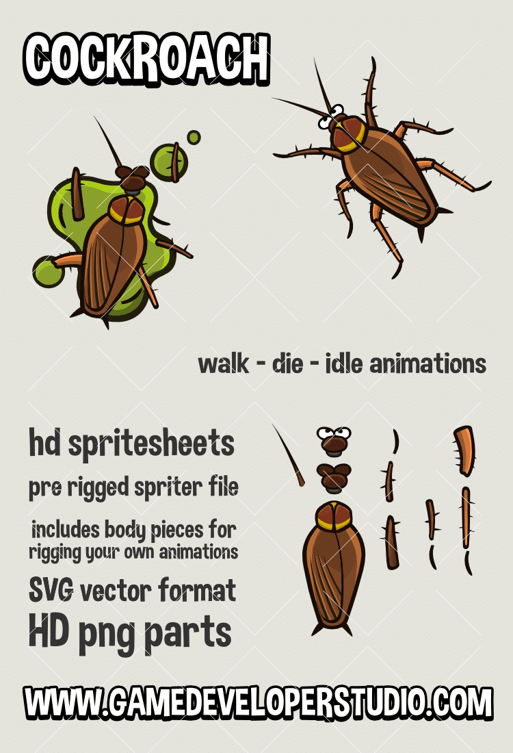 Animated topdown cockroach game asset