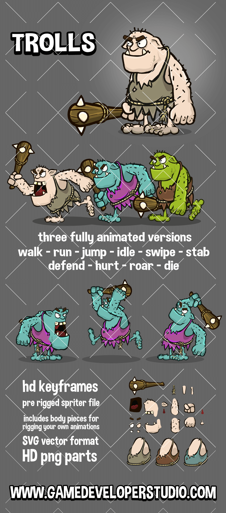 Animated troll 2d game asset