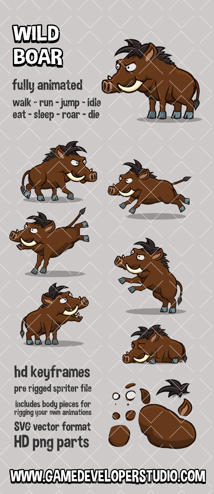 Animated wild boar game asset