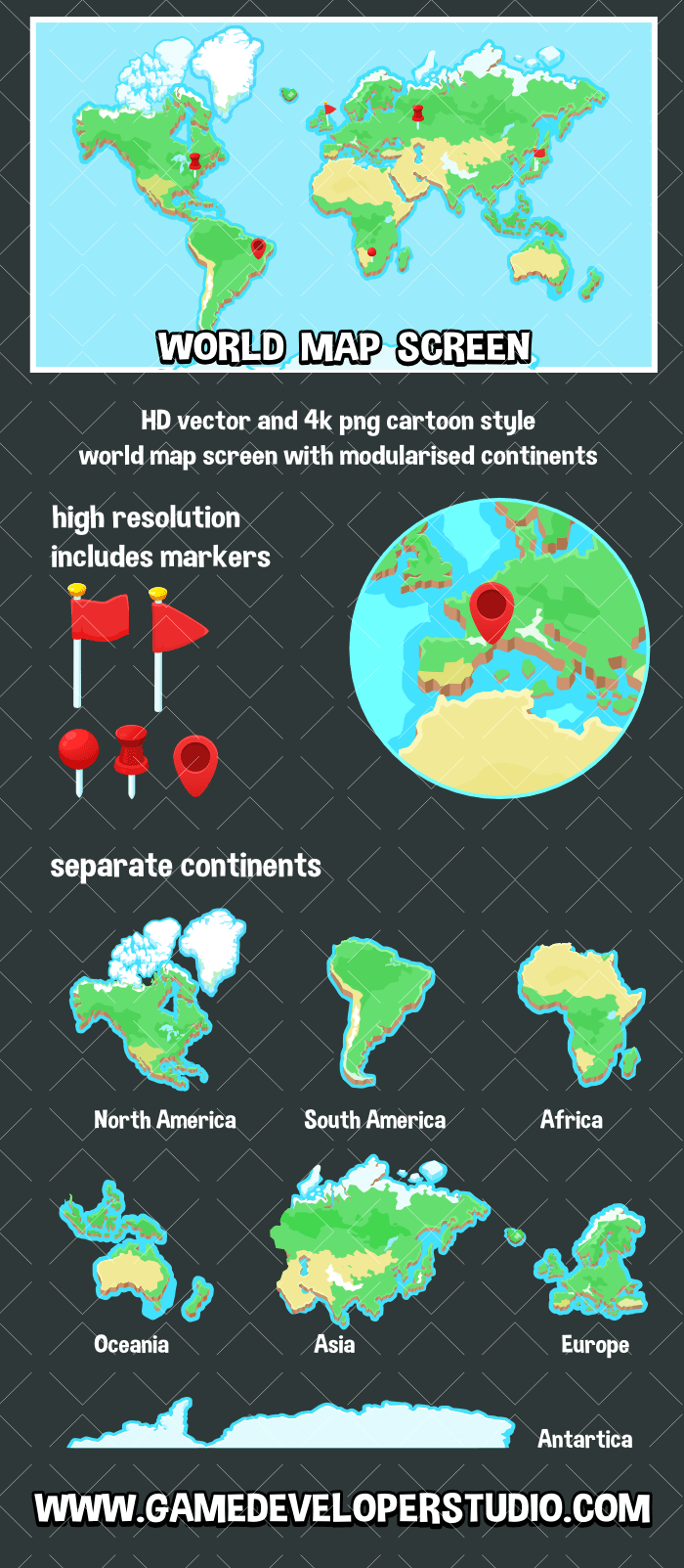 Cartoon style world map screen