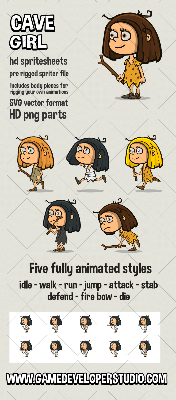 Cave girl animated 2d game asset