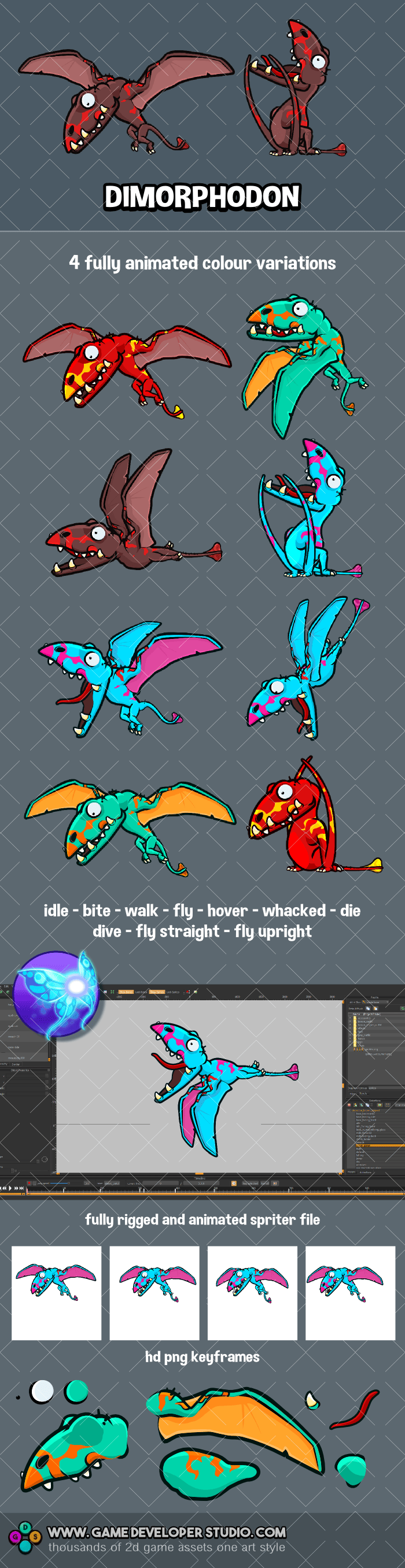 Dimorphodon pterosaur animated game sprite