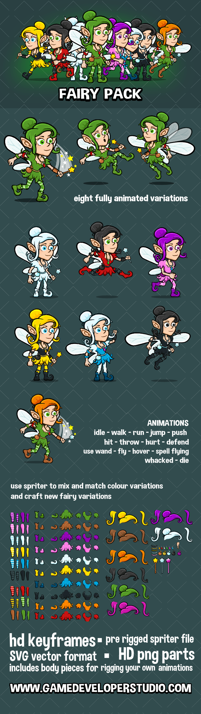 Fairy cartoon game sprite character pack