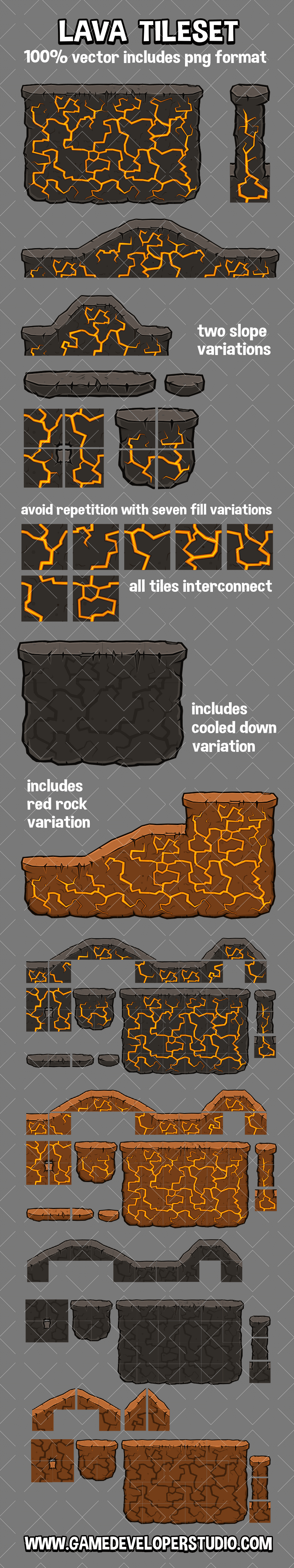 Lava themed 2d platformer tile set