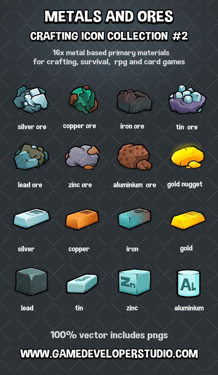 Metal and ores crafting and survival game icons