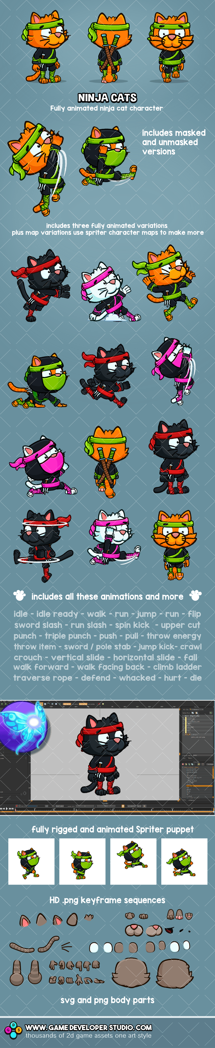 Ninja cat animated game sprite character