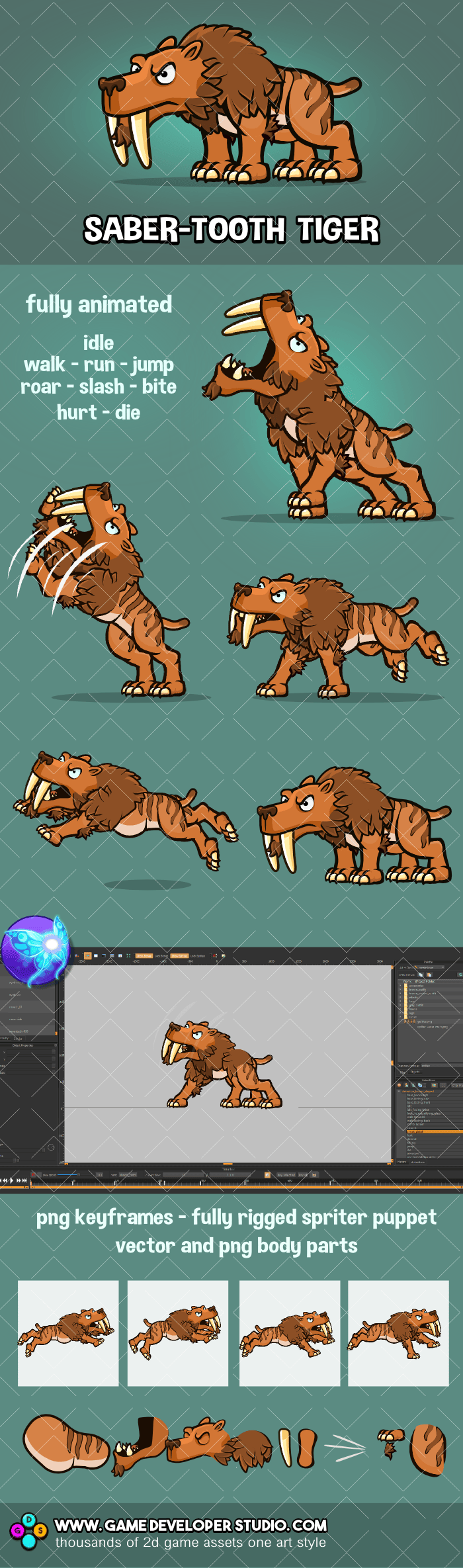 Sabre-tooth tiger animated game asset