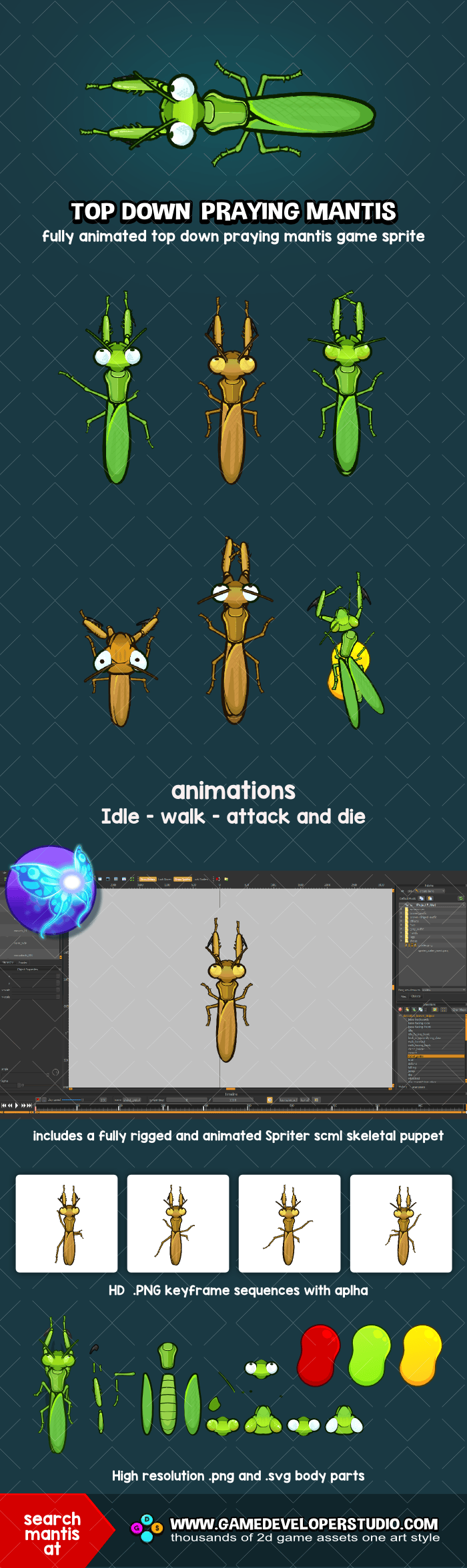 Top down animated praying mantis game sprite