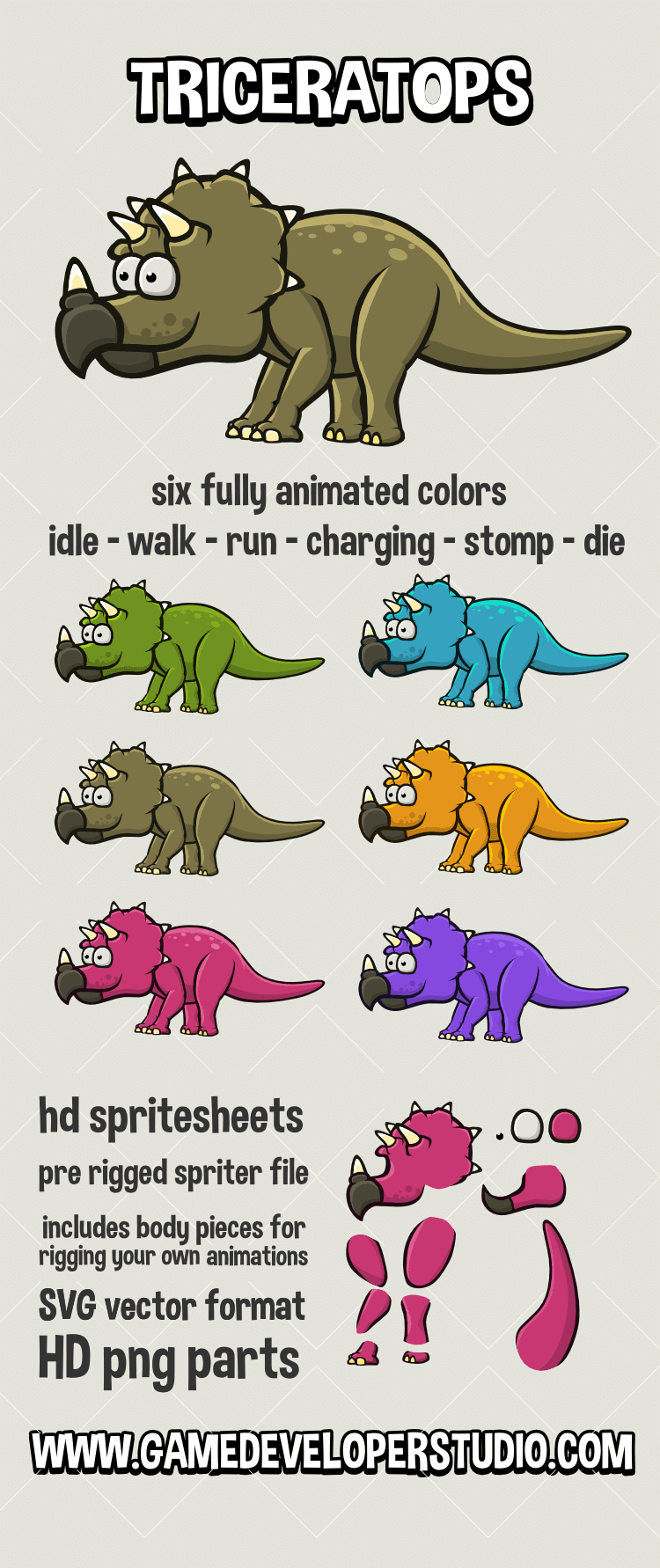 Triceratops animated 2d dinosaur game sprite