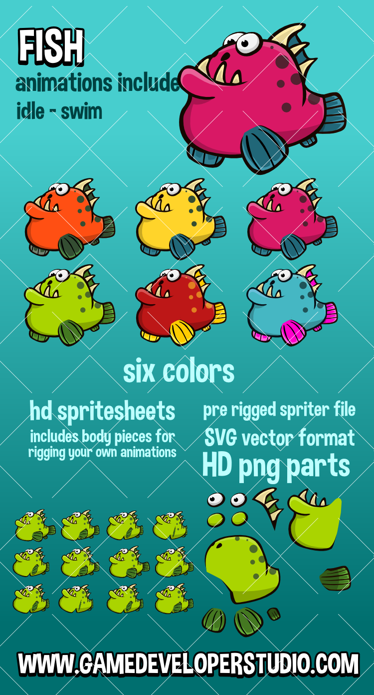 animated cartoon fish game asset