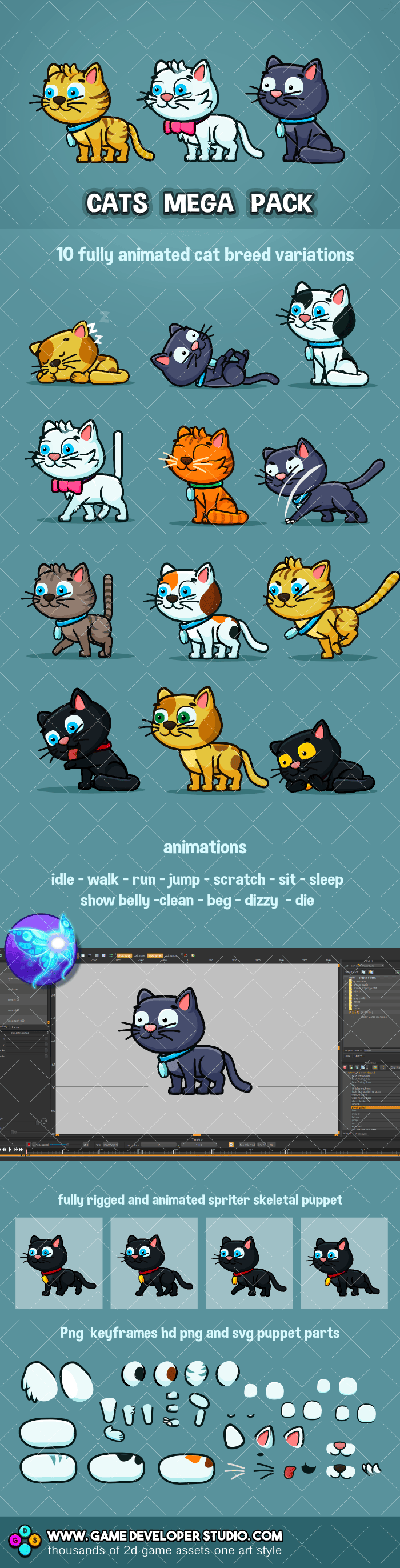 animated cat game character pack
