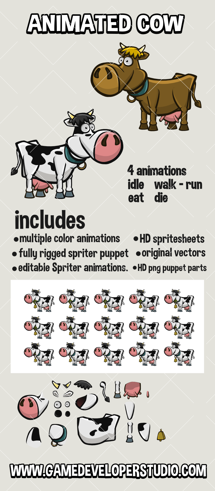 animated cow 2d game asset