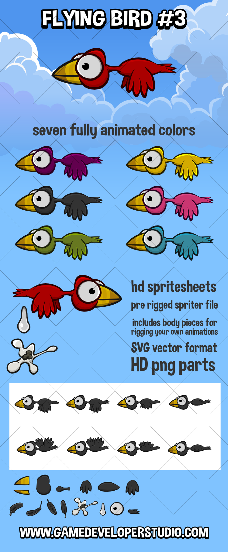 animated flying bird 2d game asset