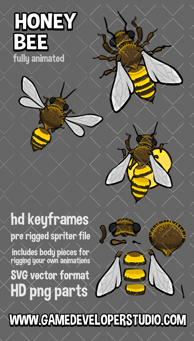 animated honey bee top down game sprite